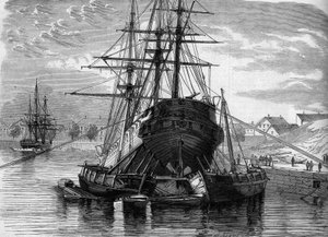 Reparación de un barco (el vapor "Vera Cruz"): levantamos la parte trasera para poner la hélice descubierta. 1863. Grabado en "Le Monde Illustré" n°320 del 30 de mayo de 1863 de French School