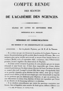 Informe de las sesiones en la Academia de Ciencias por Jean Joseph Le Verrier (1811-77) sobre el planeta Neptuno, 11 de septiembre de 1848 de French School