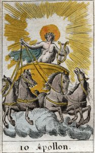 Representación de Apolo, dios del canto, la música y la poesía, en su carro. De “Mitología de la Juventud” por Pierre Blanchard 1803. de French School