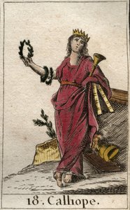 Representación de Calíope, musa de la poesía épica, sostiene en su mano una corona y la trompeta de la epopeya. De “Mitología de la Juventud” por Pierre Blanchard 1803. de French School