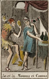 Representación de Comus, divinidad de los gourmets y la cocina, preside los banquetes, representado apoyado en una estaca con una antorcha y Momos, personificación de la burla y el sarcasmo, representado como un bufón de la corte. De “Mitología de la Juven de French School