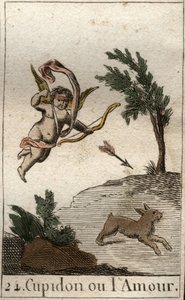 Representación de Cupido, o Amor, sirviente de Venus, como un niño con los ojos vendados, dibujando una flecha. De “Mitología de la Juventud” por Pierre Blanchard 1803.
