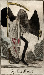 Representación de la Muerte, esqueleto alado vestido de negro, sosteniendo una guadaña. De “Mitología de la juventud” por Pierre Blanchard 1803.