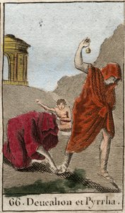 Representación de Deucalión y Pirra, los únicos sobrevivientes después del diluvio causado por Zeus para destruir la raza humana. Temis después del diluvio les pide que caminen con la cabeza cubierta arrojando detrás de ellos los huesos de su madre (las pi
