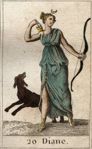 Representación de Diana, diosa de la caza, sostiene un arco y flechas. De “Mitología de la Juventud” por Pierre Blanchard 1803. de French School