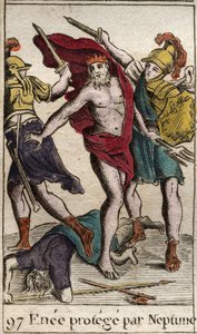 Representación de Eneas, protegido por Neptuno, alejándose de la lucha contra Aquiles. De “Mitología de la Juventud” por Pierre Blanchard 1803. de French School