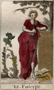 Representación de Euterpe, musa de la música, rodeada de libros de música y tocando la doble flauta (aulos). De 
