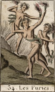 Representación de las Furias, Tisífone, Megera y Alecto, como mujeres demacradas. De “Mitología de la Juventud” por Pierre Blanchard 1803.