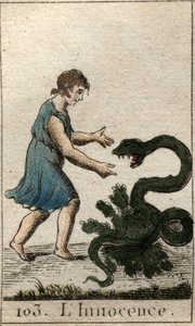 Representación de la Inocencia, como un niño alimentando una serpiente peligrosa. De “Mitología de la juventud” por Pierre Blanchard 1803 de French School