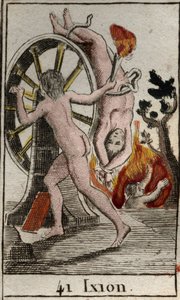 Representación de Ixión, castigado por los dioses, condenado a estar encadenado a una rueda ardiente que gira eternamente. De “Mitología de la Juventud” por Pierre Blanchard 1803. de French School