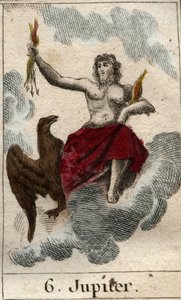 Representación de Júpiter (o Jove) rey de los dioses, y el dios del cielo y el trueno. De "Mitología de la Juventud" por Pierre Blanchard 1803 de French School
