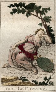 Representación de la Pereza, hija de la Noche y el Sueño como un joven con una tortuga. De “Mitología de la juventud” por Pierre Blanchard 1803 de French School