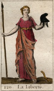 Representación de la Libertad como una mujer sosteniendo un gorro frigio y una pica. De “Mitología de la juventud” por Pierre Blanchard 1803. de French School