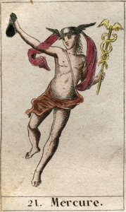 Representación de Mercurio, dios del comercio, los viajes y mensajero de otros dioses. Sostiene un caduceo y lleva un petaso. De “Mitología de la Juventud” por Pierre Blanchard 1803. de French School