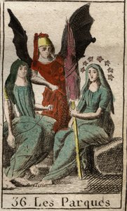 Representación de las Parcas, Cloto, Láquesis y Átropos, deidades del destino humano, desde el nacimiento hasta la muerte, como mujeres muy ancianas hilando. De “Mitología de la Juventud” de Pierre Blanchard 1803.