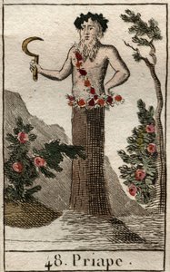 Representación de Príapo, dios de la fertilidad rústica, a menudo representado con un pene permanentemente erecto, sosteniendo una hoz. De “Mitología de la Juventud” por Pierre Blanchard 1803. de French School