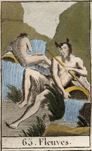 Representación de los ríos, ancianos con barba y cabello mojados, sentados cerca de una urna volcada. De “Mitología de la Juventud” de Pierre Blanchard 1803. de French School