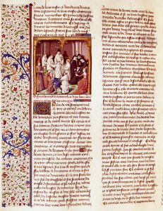 Representación del niño San Bernardo de Claraval (1090-1153). Está en el centro del cuadro, con una aureola sobre la cabeza. Miniatura en "Le miroir historial" (Speculum Historiale) (ms. 1196, fol. 372) de Vincent de Beauva de French School