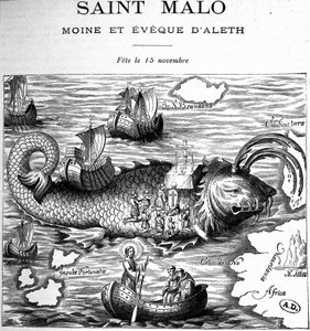 Representación de Saint Malo (San Maclou) en la espalda de una ballena representada al estilo de Saint Brendan (Brandan) por Clonfert o Breanainn por Clonfert (ca. 484-577/578) - grabado de French School