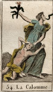 Representación de la Calumnia, hija de la Envidia, arrastrándola por el cabello, con una serpiente saliendo de su boca. De “Mitología de la Juventud” por Pierre Blanchard 1803.
