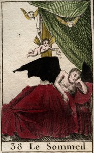 Representación del Sueño, descansando eternamente en un palacio, cerca de las alas de los sueños. De “Mitología de la juventud” por Pierre Blanchard 1803 de French School
