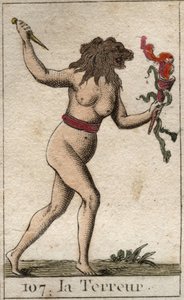 Representación del Terror, como una mujer con cabeza de león, sosteniendo un cuchillo y serpientes. De “Mitología de la juventud” por Pierre Blanchard 1803 de French School