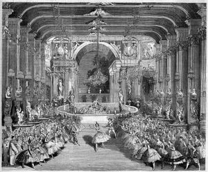Representación de un ballet: el Casino de Messina, escenografía del primer acto de La Estrella de Messina con música de Nicolo Gabrielli (1814-1891). Decorado realizado por Edouard Desplechin. París, Teatro de la Ópera de French School