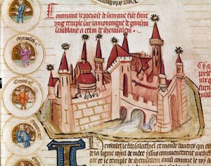 Representación de una ciudad fortificada similar a la de Jerusalén Página tomada del manuscrito "Genealogie de la Bible" de la escuela francesa. Siglo XIV Cremone, biblioteca governativa de French School