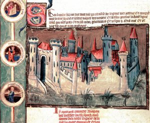 Representación de una ciudad fortificada en la región de Estrasburgo. Miniatura en pergamino enrollado “Genealogía de la Biblia” (ms.199) Siglo XIV Cremona, Biblioteca Gubernativa de French School