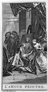 Representación de una escena de la obra “El siciliano o el pintor de amores” de Jean Baptiste Poquelin dit Molière (1622-1673). Grabado de 1740. de French School