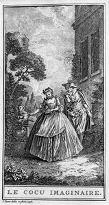 Representación de una escena de la obra “Sganarelle o el cornudo imaginario” (1660) de Jean Baptiste Poquelin dit Molière (1622-1673). Grabado de 1738. de French School