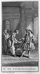 Representación de una escena de la obra “Monsieur de Pourceaugnac” (1669) de Jean Baptiste Poquelin dit Molière (1622-1673). Grabado de 1740.