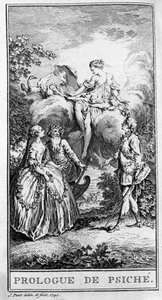 Representación de una escena de la obra “Prólogo de Psique” de Jean Baptiste Poquelin dit Molière (1622-1673). Grabado de 1740. de French School