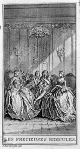 Representación de una escena de la obra "Las preciosas ridículas" (1659) de Jean Baptiste Poquelin dit Moliere (1622-1673). Grabado de 1738. de French School