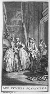 Representación de una escena de la obra "Las mujeres sabias" (1672) de Jean Baptiste Poquelin dit Moliere (1622-1673). Grabado de 1740. de French School