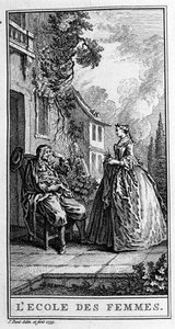 Representación de una escena de la obra "La escuela de mujeres" (1662) de Jean Baptiste Poquelin dit Moliere (1622-1673). Grabado de 1739.