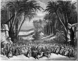 Representación de una ópera: Escenografía del Acto II de "La Reina de Saba" en un libreto de Michel Carre (1819-1872) y Jules Barbier (1822-1901) y música de Charles Gounod (1818-1893). París, Teatro de la Ópera de French School