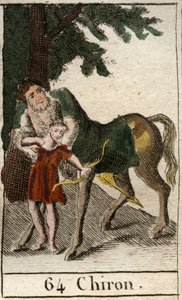 Representación del centauro Quirón, mitad hombre mitad caballo, maestro de la arquería, enseñando esta arte a Aquiles. De "Mitología de la Juventud" de Pierre Blanchard 1803. de French School