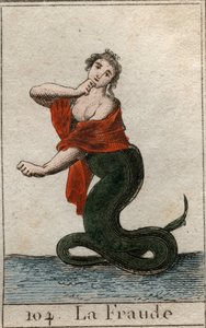 Representación del engaño (deshonestidad), como una serpiente peligrosa con una cabeza sonriente de mujer. De “Mitología de la Juventud” de Pierre Blanchard 1803. de French School
