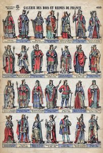 Representación de reyes y reinas de Francia de la dinastía de los Capetos (de Luis VII a Carlos VIII). Ilustración de finales del siglo XIX de French School