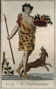 Representación de la estación de Otoño como Vertumno sosteniendo una cesta de frutas, con un perro. De “Mitología de la Juventud” por Pierre Blanchard 1803. de French School
