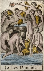Representación de las Danaides, hijas del Rey Danaos, condenadas al Inframundo, llenando interminablemente un barril sin fondo, por matar a sus primos y esposos. De “Mitología de la Juventud” por Pierre Blanchard 1803. de French School
