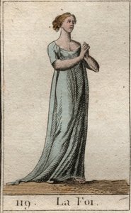 Representación de la Fe, mujer vestida de blanco con las manos unidas. De "Mitología de la Juventud" por Pierre Blanchard 1803 de French School