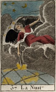 Representación de la Noche (Nyx), diosa de la Oscuridad. De "Mitología de la Juventud" de Pierre Blanchard 1803. de French School