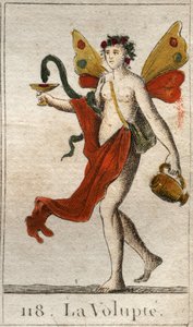 Representación de la Voluptuosidad, mujer desnuda coronada con rosas, sostiene una copa donde una serpiente bebe un delicioso néctar. De “Mitología de la juventud” por Pierre Blanchard 1803.