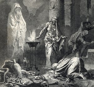 Representación de la Bruja de Endor (o Pitonisa de Endor), pueblo cananeo mencionado en el primer libro de Samuel (Biblia) que posee un talismán con el que llama al fantasma del profeta Samuel recién decedido, a petición de Saúl, rey de Isr de French School