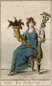 Representación de la deidad de la Felicidad (o Eudemonia) sosteniendo con una mano un caduceo y con la otra un cuerno de la abundancia. De “Mitología de la Juventud” por Pierre Blanchard 1803. de French School