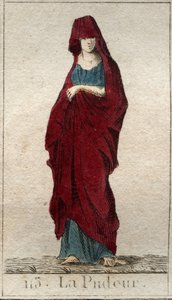 Representación de la deidad de la Modestia, una joven con el rostro cubierto con un velo. De 