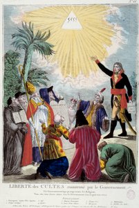 Representación de la libertad de culto de todas las religiones mantenida por Napoleón Bonaparte (1769-1821): el primer Cónsul indica el triángulo de la Trinidad simbolizando a Dios llegando por los representantes de cada religión: obispo católico, un judío