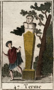 Representación del dios Término, en forma de terminal, para marcar posesiones y tierras. De “Mitología de la juventud” por Pierre Blanchard 1803. de French School